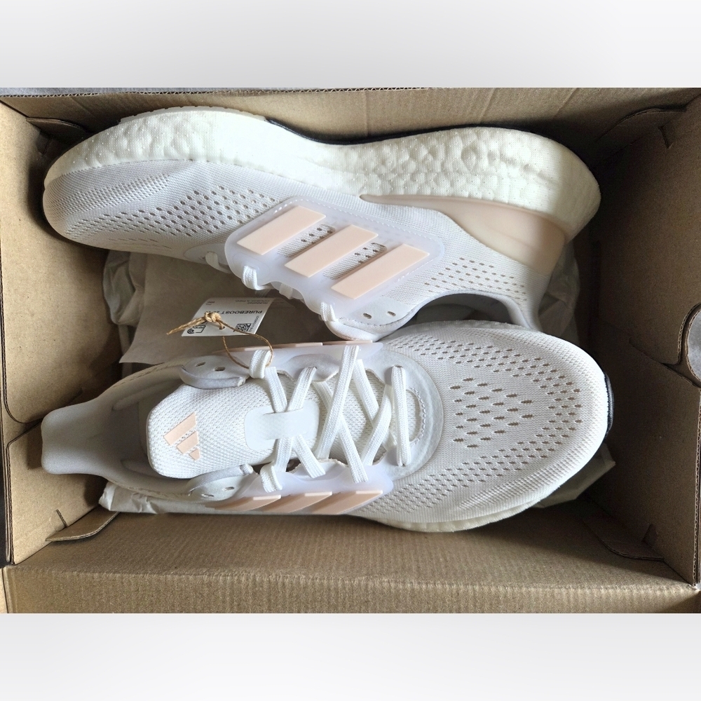 NEW In Box Adidas Pure Boost 23 Women's White & Blush Running Shoes, Size 9